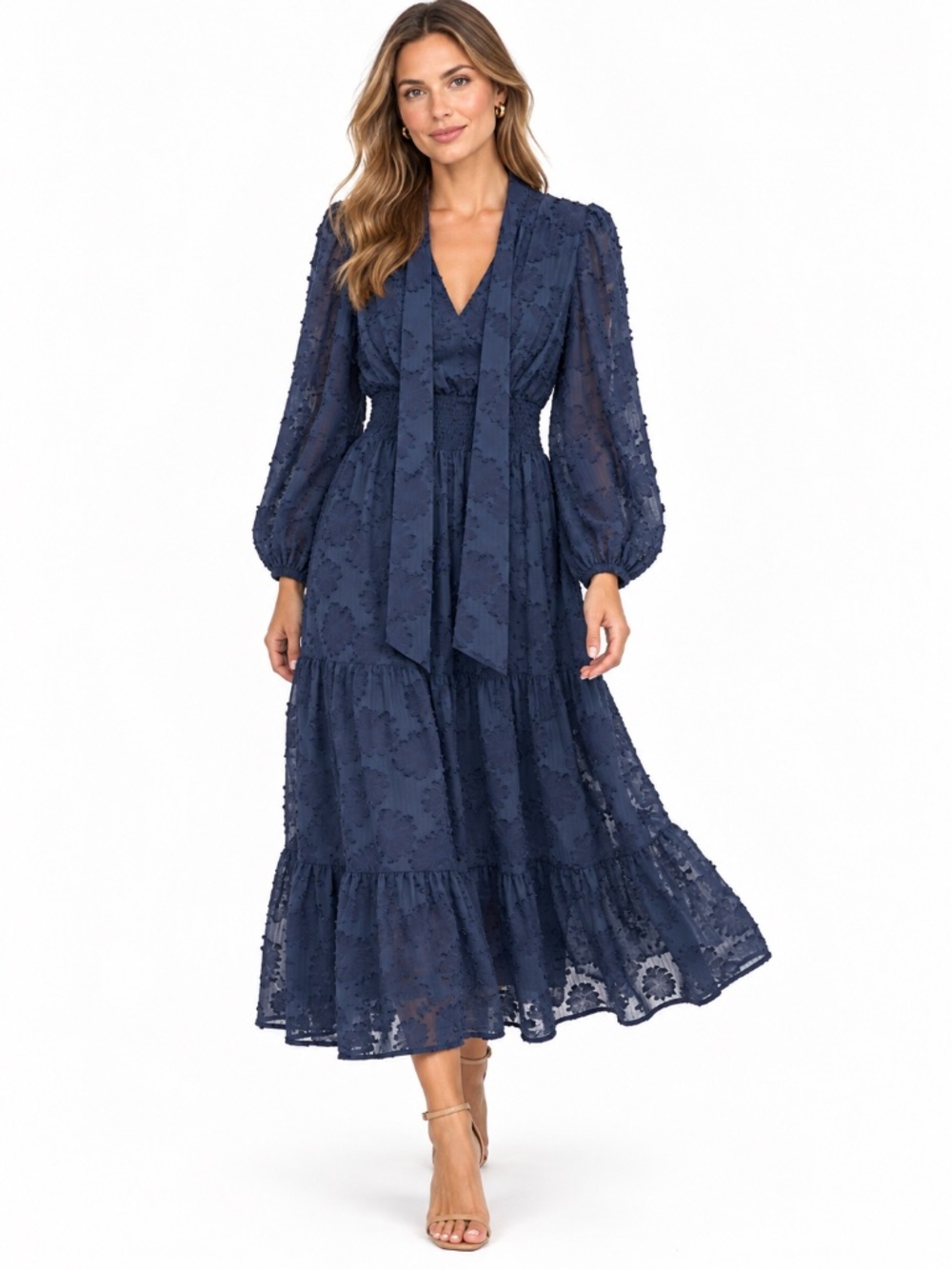 🤩Shoshanna Navy Blue Textured Floral Long Sleeve Tiered Maxi Dress🤩